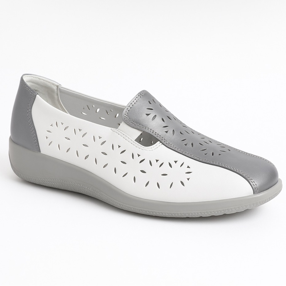 Hotter Rimini Made in England Leather Comfort Flats White Silver Mary Jane 8.5